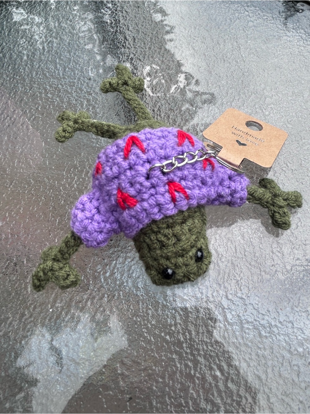Handmade frog Keychain - purple sweater with red hearts ❤️